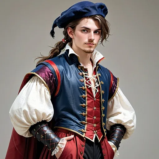 Prompt: An 18 year old male wizard with long dark blue cloak, long dark brown hair tied in a pony tail, a renaissance tunic and pants, Slim-waisted doublet with puffed red sleeves varicoloured, white Shirt of baggy style and white linen undergarment, doublet cut in Landsknecht style to expose shirt color underneath. Collar of undershirt tightened with lace. huge beret decorated with dyed ostrich feathers.  Tight red hose overlaid with sliced pantaloons.  Colors like a harlequin.  