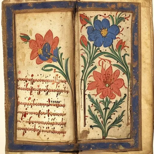 Prompt: Medieval manuscript with flowers

