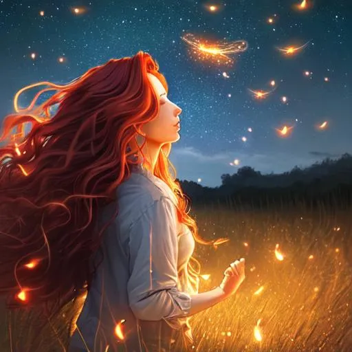 Prompt: A woman standing in a windswept field under a night sky with long red wavy hair, photo realistic face, dancing fireflies surround her, fantasy, surreal, beautiful, photorealistic, high quality, peaceful
