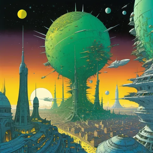 Prompt: Illustration in style of Moebius, Jean Giraud, a verdant planet with multiple city lights being subjected to bombardment from huge starships