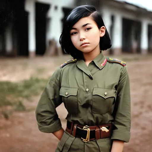 Prompt: Young Eurasian woman with short white hair, wearing unbuttoned brigade uniform.