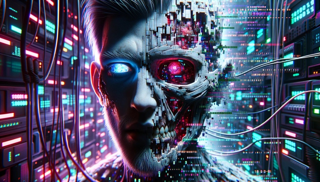 Prompt: High-definition CGSociety art piece capturing the close-up portrait of a person, their face detailed and futuristic. The retrowave theme is evident, with ghost neon lights and binary codes interspersed. The environment is chaotic, with broken computers, cables, and a sense of transformation from man to zombie. Pixels manifest as errors, adding to the fractured ambiance.