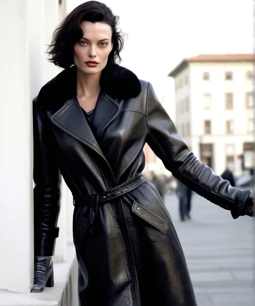 Prompt: photorealistic photo Shalom Harlow standing in  leather coat, gloves and boots, detailed face, intricate  leather textures, high-quality, professional, detailed eyes, realistic, polished leather,