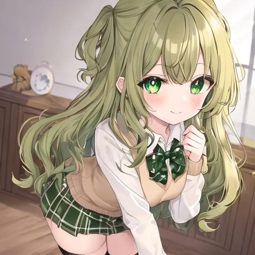 Prompt: light brown fluffy hair, green and white checkered top, green school skirt, big green eyes, sparkling pupil with a slight smile