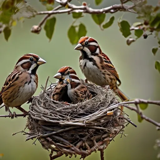 Prompt: A big sparrow talking to two young sparrows in a nest highly detailed image, 8k,hd