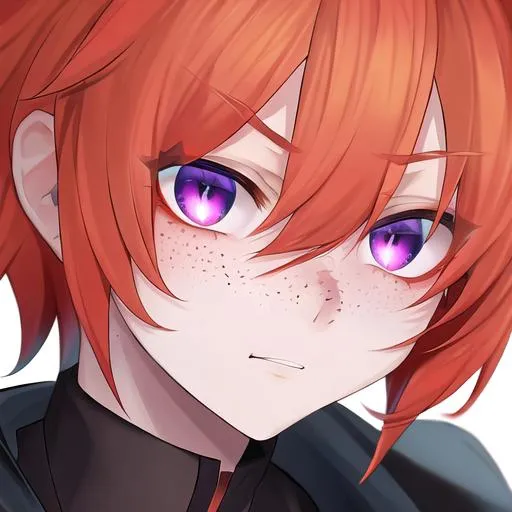 Prompt: Erikku male (short ginger hair, freckles, right eye blue left eye purple) UHD, 8K, Highly detailed, insane detail, best quality, high quality, Upset