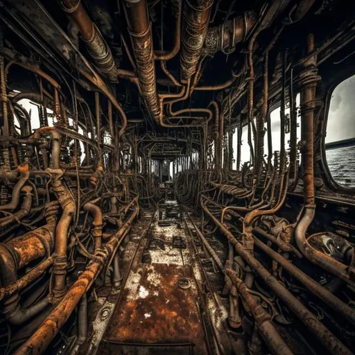 Prompt: A photograph of a dark, rusty shipwreck interior with hundreds of pipes and eldritch machinery. dark, horror, lovecraftian, submechanophobia, claustrophobia,