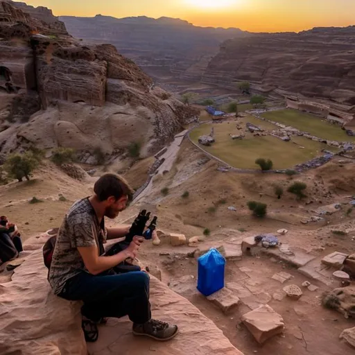 Prompt: smoking meth on a hillside overlooking the ancient site of Petra, Jordan 