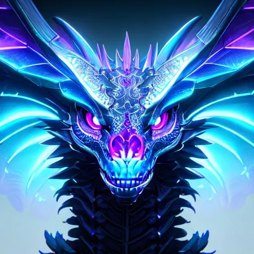 Portrait of a roaring neon skeleton dragon with irid...