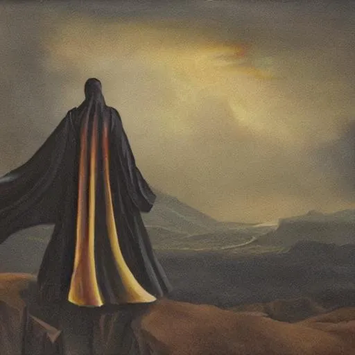 Prompt: A painting of a solemn phyrexian humanoid, wearing robes overlooking a vast wasteland. dark color. 