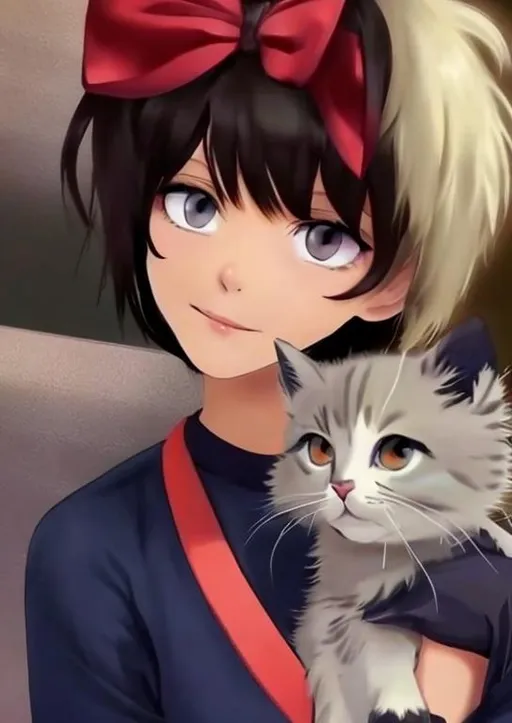 Prompt: cute short haired with bangs anime girl holding cat