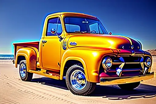 Prompt: A 1953 Ford F-100 driven by a man wearing a cowboy hat
