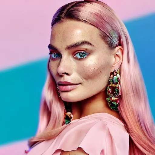Prompt: High quality picture of Margot Robbie wearing a high detailed inspired pink Barbie Gucci outfit in a Barbie world background
