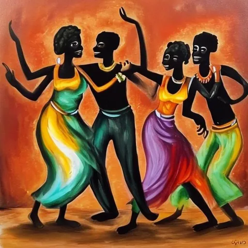 Prompt: painting of two men and a woman dancing african