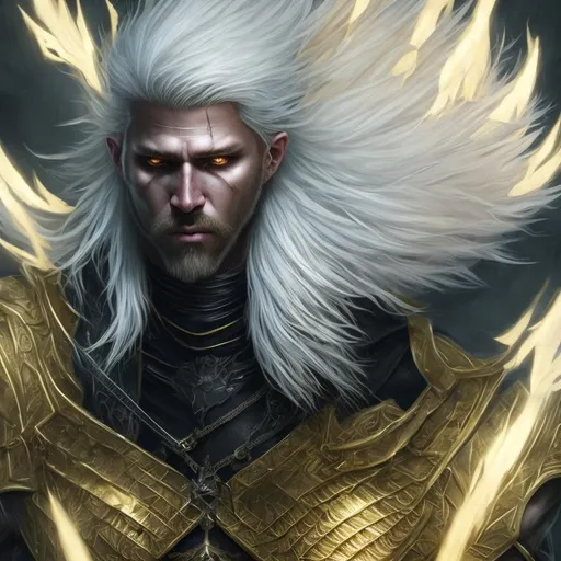 Prompt: A short blonde haired male warrior with gold eyes + Man + Strong + Full HD render + immense detail + dramatic lighting + well lit + black, character sheet, + fine esoteric symbolism | ultra - detailed realism, soft cinematic lighting, high - quality, engraved | highly detailed |digital painting, artstation, concept art, smooth, sharp focus, Nostalgic, ethereal, nebula, 8k, hyper detailed, intricate detail, photorealistic, space void galaxy universe