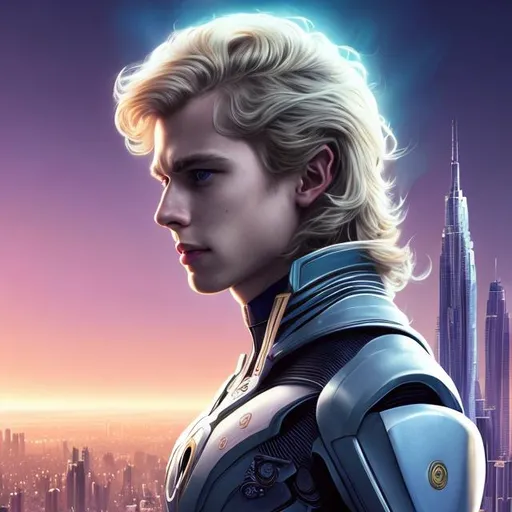 Prompt: beautiful mid-twenties young french male, golden blonde long hair, grey eyes, thoughtful expression,  smile, tight black suit, vaporwave, futuristic spaceship bridge, portrait, realistic details, photorealistic, 8k render, cinematic lighting, ultra detailed