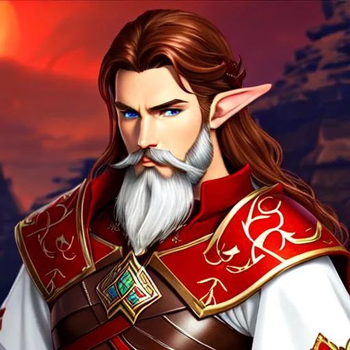 Prompt: An Elven Paladin wearing red and white Viking/Slavic style armor with a red and white tunic. brown hair, blue eyes, short beard, large mustache.