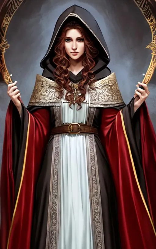 Prompt: dnd, elf, portrait, long curly hair, female, Illustration, black hood and robes, scars, freckles