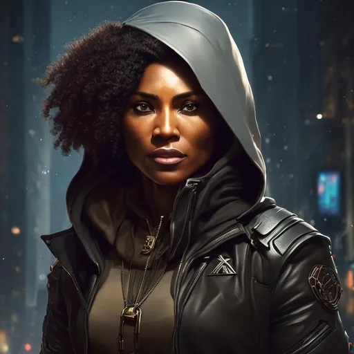 Prompt: Madre, the XXI. 20th century female assassin. African-American 32-year-old, athletic, educated. Body-fitting clothes, weapons. Hoodie and scarf. Head and shoulders portrait, 8k resolution concept art portrait by Greg Rutkowski, Artgerm, WLOP, Alphonse Mucha dynamic lighting hyperdetailed intricately detailed Splash art trending on Artstation triadic colors Unreal Engine 5 volumetric lighting