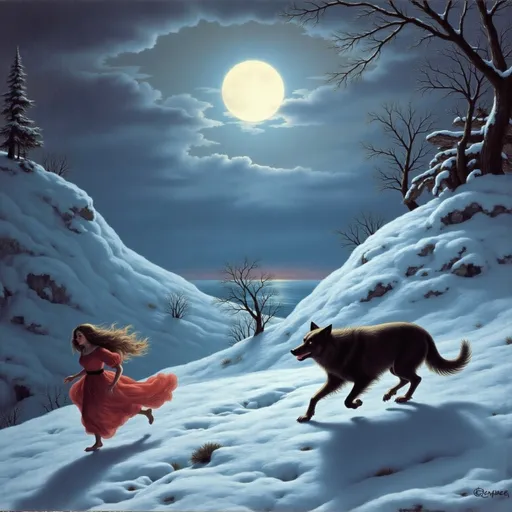 Prompt: Running guidian white wolf with a girl in red dress
Chased by A Werewolf
In snowy mountain
under the moonlight 
