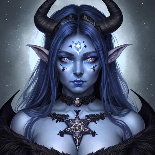 Prompt: A beautiful D&D Circle of Stars Druid, character portrait, dark fantasy, detailed, realistic face, digital portrait, fiverr dnd character. 

Of a beautiful Tiefling woman of 27 years old, with blue skin, horns, tattoos of stars on her face and hands, one eye of black with an iris of a white cross. 

She is wearing a witch's robe and Hat with the underside of the Hat having a star constellation on it. Leather armor and Amethyst Cloak A dazzling purple and black sewed cloak studded with amethyst gems.