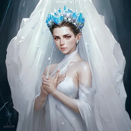 Prompt: queen in white crystal geode, sheer white cloth falling down around her, by artgerm, alessio albi, fabian perez, pino daeni, karol bak, cushart, wlop, craig mullins, peter mohrbacher, daniel f gerhartz, malcolm liepke