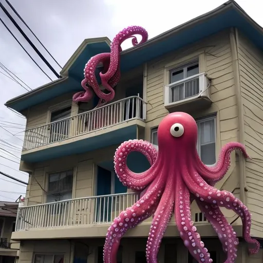 Prompt: House sized Octopus is over a building