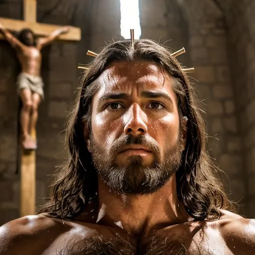 Prompt: Imagine a hyper-realistic depiction of Jesus' crucifixion, set in the historical context of Jerusalem during that time period. The scene is filled with an atmosphere of solemnity and intensity. 

Jesus, with his head crowned by thorns, is suspended on a wooden cross. His body bears the wounds inflicted during the crucifixion, depicting the immense suffering he endured. The nails pierce his hands and feet, while his body is strained and battered under the weight of his sacrifice. Blood trickles from his wounds, painting a haunting picture against his pale and bruised skin.

The crowd below is a mix of grief, awe, and disbelief. People are gathered around, some weeping, others in silent contemplation. The surrounding landscape captures the essence of Jerusalem, with glimpses of the city walls and the sounds of bustling streets echoing in the distance.

The sky above is dark and somber, reflecting the weight of this momentous event. A glimmer of golden light breaks through the clouds, symbolizing the hope and redemption that Jesus' sacrifice brought to the world.

This hyper-realistic portrayal invites viewers to reflect on the magnitude of Jesus' sacrifice, transporting them back in time to the very moment of the crucifixion in Jerusalem.