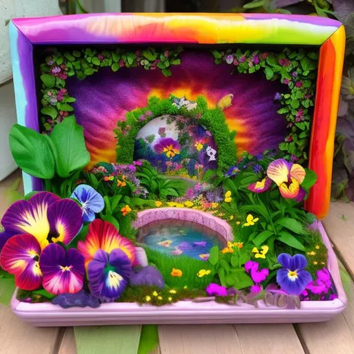 Prompt: Lisa frank style pansy garden diorama