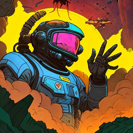 {Man in space suit searching wreckage when alien mon... | OpenArt