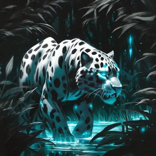 Prompt: world of warcraft style, (black and white spotted saber-tooth with bioluminescent eyes), stalking its prey, aqua forest background, radiant, expressive eyes,  art by greg rutkowski and artgerm