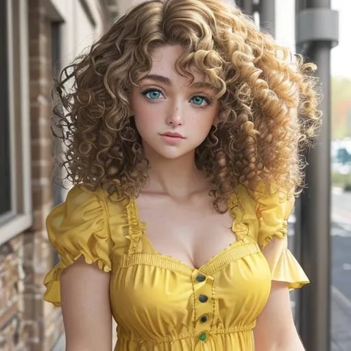 Prompt: A girl curly hair ,green eyes,wearing yellow