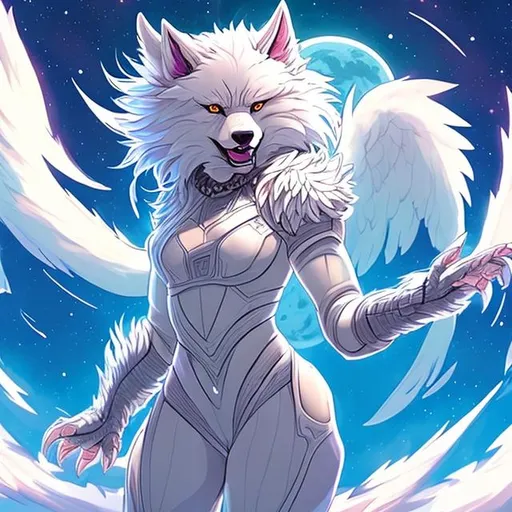 Prompt: angelic andromorphic humanoid furry wolf girl 
weaving the fabric of space and time with hands