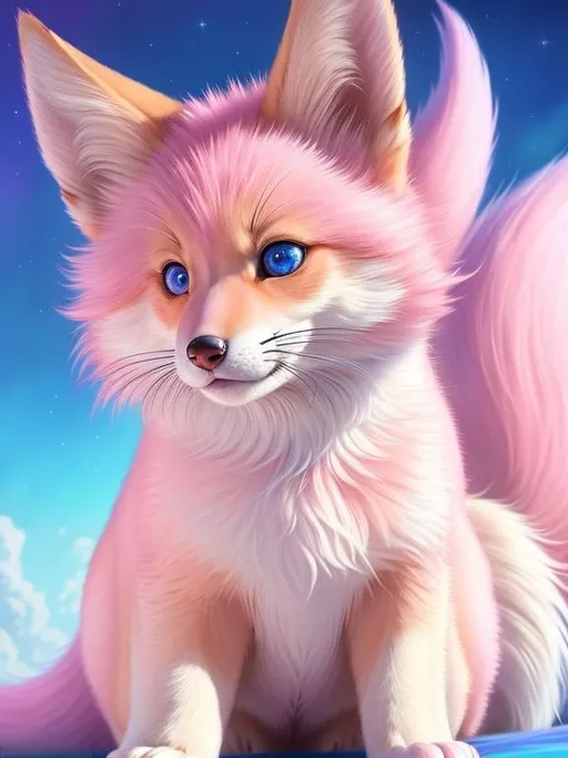 Prompt: pink fox, realistic, epic oil painting, pastel colors, large round blue eyes, hyper detailed eyes, (hyper real), furry, (hyper detailed), photorealism, extremely beautiful, (on back), sprawled, paws in the air, playful, raised paws, UHD, studio lighting, best quality, professional, extremely beautiful, glistening pink fur, billowing silver mane, glistening silver mane, highly saturated colors, thick oil texture, masterpiece, ray tracing, 8k eyes, 8k, highly detailed, highly detailed fur, hyper realistic thick fur, (high quality fur), fluffy, fuzzy, (plump:1.7), (cute fangs, open mouth:1.5), full body shot, hyper detailed eyes, perfect composition, realistic fur, fox nose, highly detailed mouth, realism, ray tracing, soft lighting, studio lighting, masterpiece, trending, instagram, artstation, deviantart, best art, best photograph, unreal engine, high octane, cute, adorable smile, lazy, peaceful, (highly detailed background), vivid, vibrant, intricate facial detail, incredibly sharp detailed eyes, rows of blossoming sakura trees, incredibly realistic fur, concept art, anne stokes, yuino chiri, character reveal, extremely detailed fur, sapphire sky, complementary colors, golden ratio, rich shading, vivid colors, high saturation colors,, silver light beams