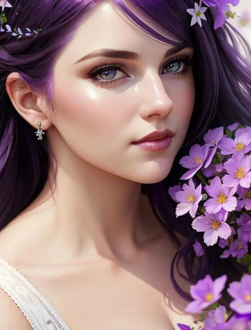 Prompt: Portrait of {woman} with {purple} hair and with cute face, {white and purple flowers}, perfect composition, hyperrealistic, super detailed, 8k, high quality, trending art, trending on artstation, sharp focus, studio photo, intricate details, highly detailed, by greg rutkowski