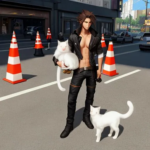 Prompt: Squall from Final Fantasy holding a bunch of kittens, but being watched by a traffic cone