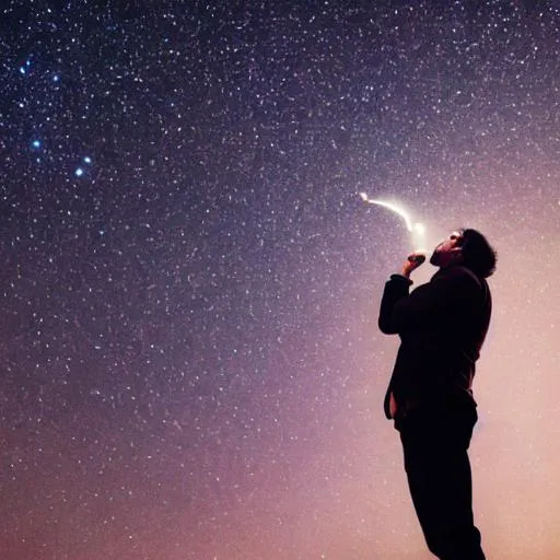 Prompt: a masculine  man smoking cigrate and looking  at the sky and the sky full of stars 