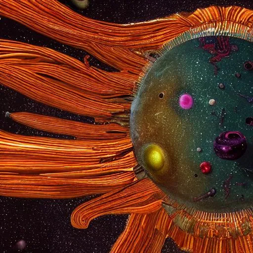 Prompt:  high-resolution image 4k that depicts humans living as parasites on huge beings that float in space. The image should show the contrast between the dark and vast space with the stars and the colorful and detailed textures of the beings and the human structures. The image should also convey a sense of realism and immersion, as if the viewer were witnessing the scene firsthand.