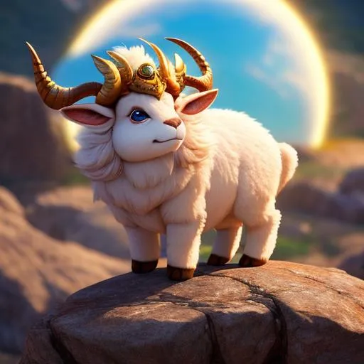 Prompt: 3d fluffy Capricorn standing on a rock, closeup cute and adorable, cute big circular reflective eyes, long fuzzy fur, Pixar render, unreal engine cinematic smooth, intricate detail, cinematic 