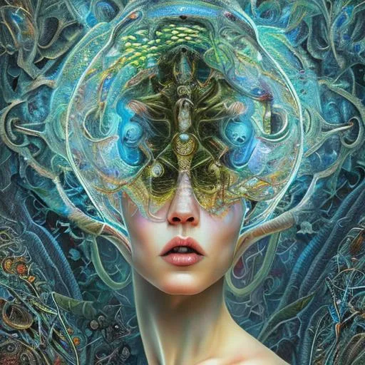 Prompt: Ultra HD detailed 3D poster of light coming from head of a goddess by Android Jones, Earnst Haeckel, James Jean. Behance award-winning CGI, highly detailed, fractals, Universe, colorful, garden 