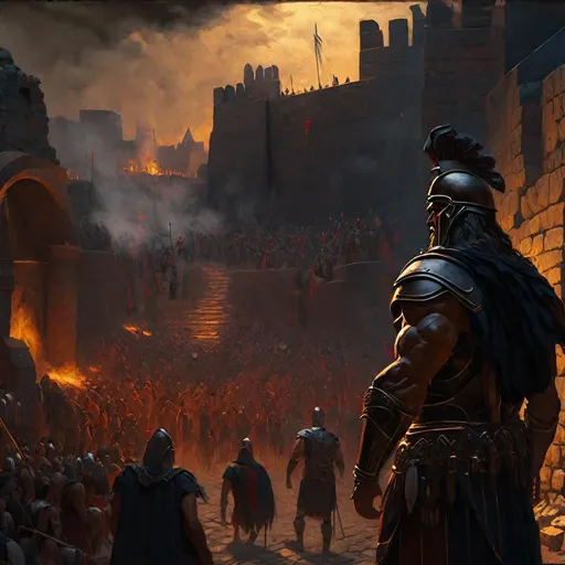 Prompt: 3 point perspective, ares greek god of warfare appearing before their followers in an orc village, a large gathiring of people in a fighting pit, bloddied cobblestone. medieval fantasy, high-fantasy, dark fantasy, grimdark, Greg Rutkowski, John William Waterhouse, full hd, high quality, 4k, trending on artstation, oil painting, intricate, highly detailed,
