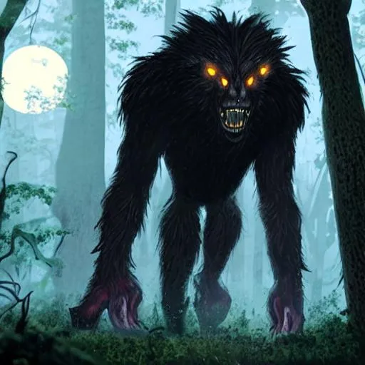 Prompt: A giant werewolf on two legs with massive fangs in a dark forest at night  standing over a freshly killed monster 