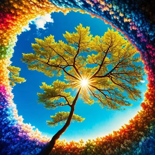 Prompt: color Fractal geometry exists in the background sky knowledge of the world, perfect detailed great pine tree, holding the sun with its bough, a painting photography technique, amazing colors.
