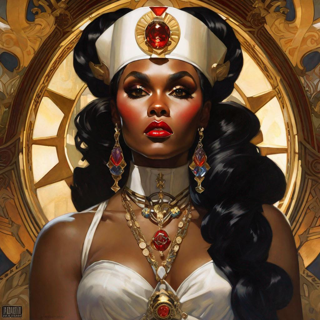 A beautiful closeup portrait of the curvy and lustful Janelle Monae as an  ominous fierceful ho