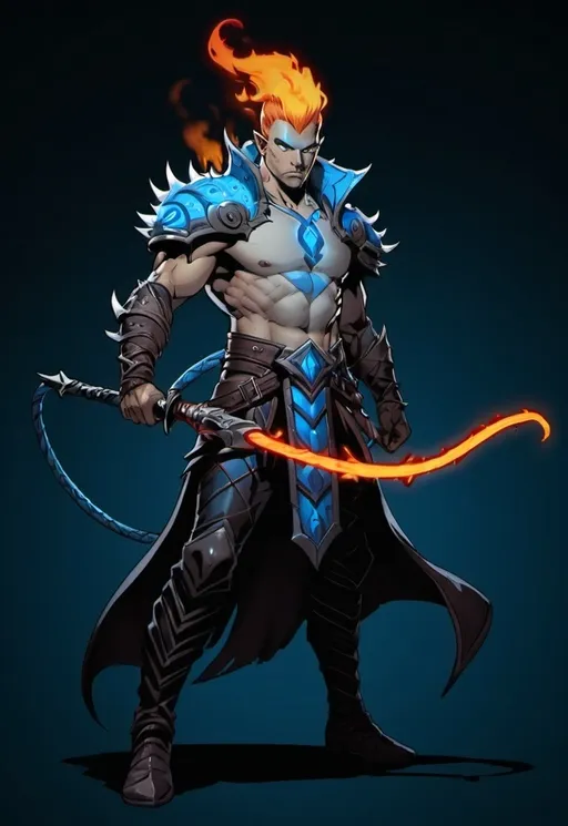 Prompt: dungeons and dragons male fire genasi hunter, standing, in black leather with blue trim, and a whip with thorns