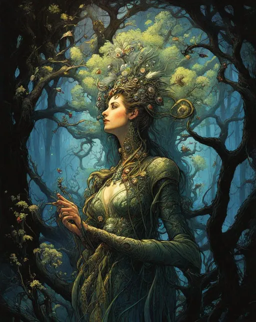 Prompt: arboreal goddess, by Arthur Adams, Stephan Martinière, and Harry Clarke 