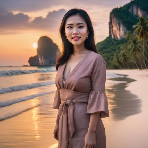 Prompt: beautiful Thai woman stood on tropical beach at sunset