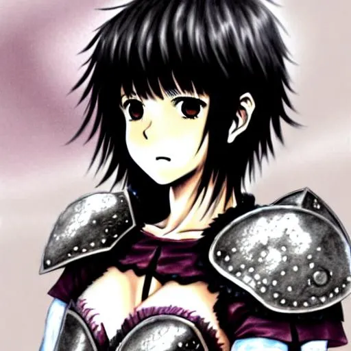 Prompt: anime portrait of Casca from Berserk wearing armor, anime eyes, blushing, beautiful intricate black hair, shimmer in the air, hyper-realistic, beautiful, beautiful wavy hair, symmetrical, smiling, kind, bloom and blush, DeviantArt, extremely detailed eyes, in Berserk style, concept art, SFM style model, digital painting, looking into camera, square image, Kentaro Miura