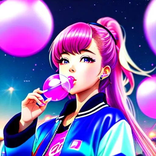 Prompt: vaporwave japan city night time anime girl in varsity jacket blowing bubble gum