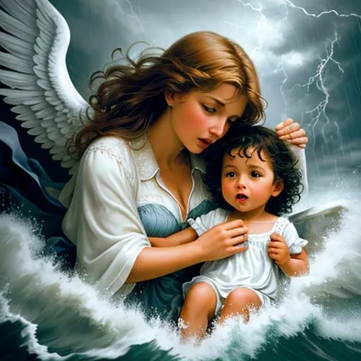 Prompt: protective guardian angel and child in a raging storm,closeup